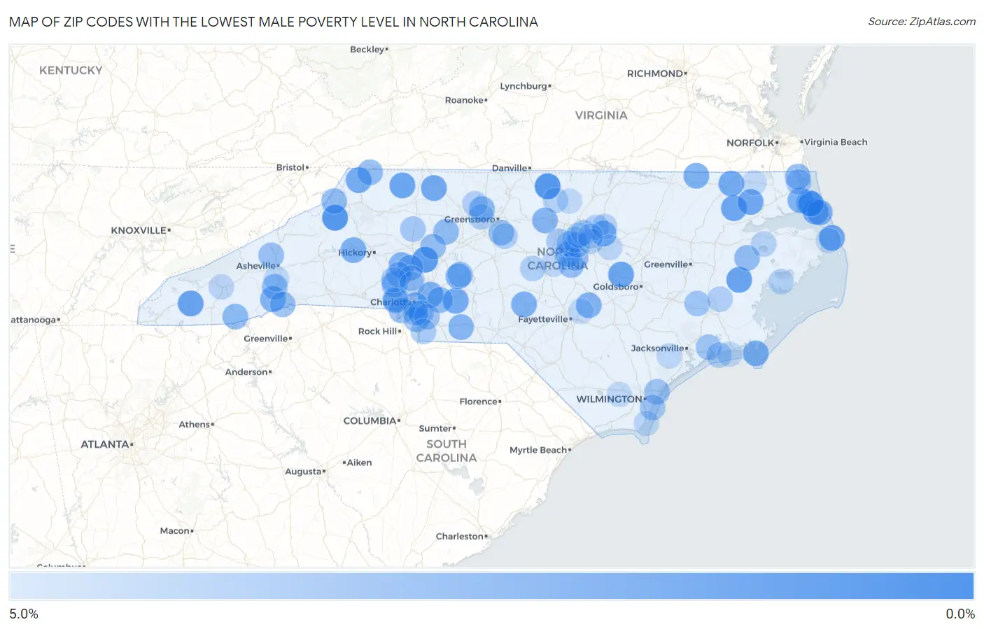 Zip Codes with the Lowest Male Poverty Level in North Carolina Map