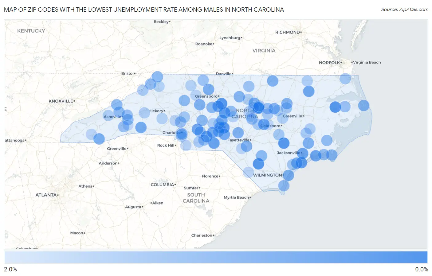 Zip Codes with the Lowest Unemployment Rate Among Males in North Carolina Map