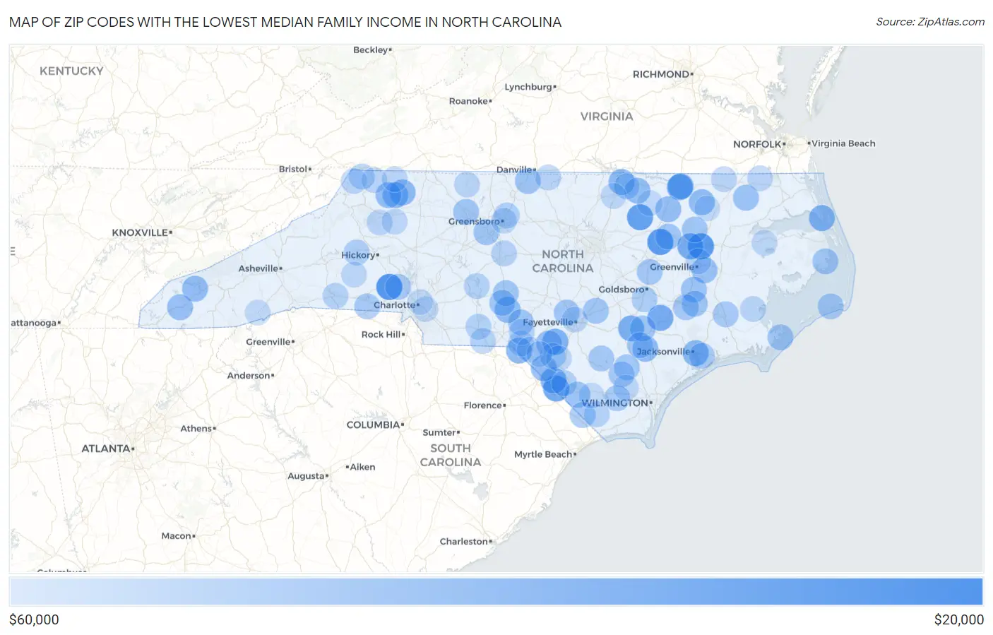 Zip Codes with the Lowest Median Family Income in North Carolina Map