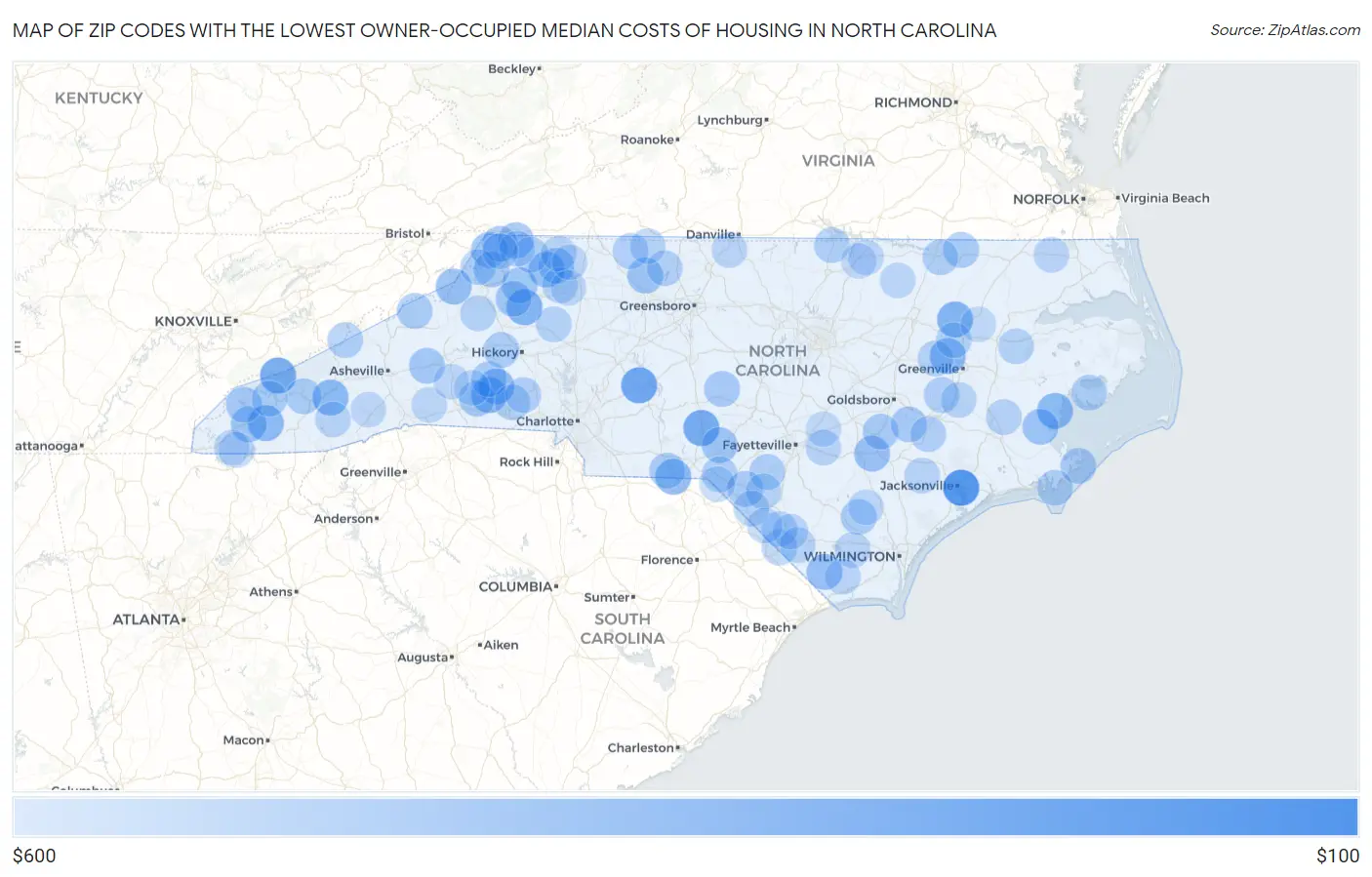 Zip Codes with the Lowest Owner-Occupied Median Costs of Housing in North Carolina Map