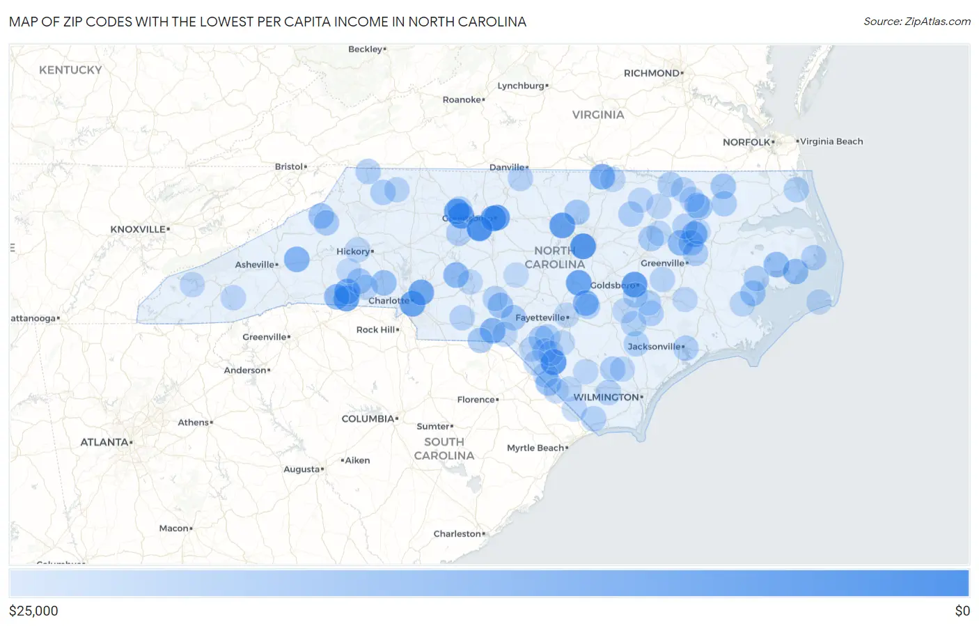 Zip Codes with the Lowest Per Capita Income in North Carolina Map