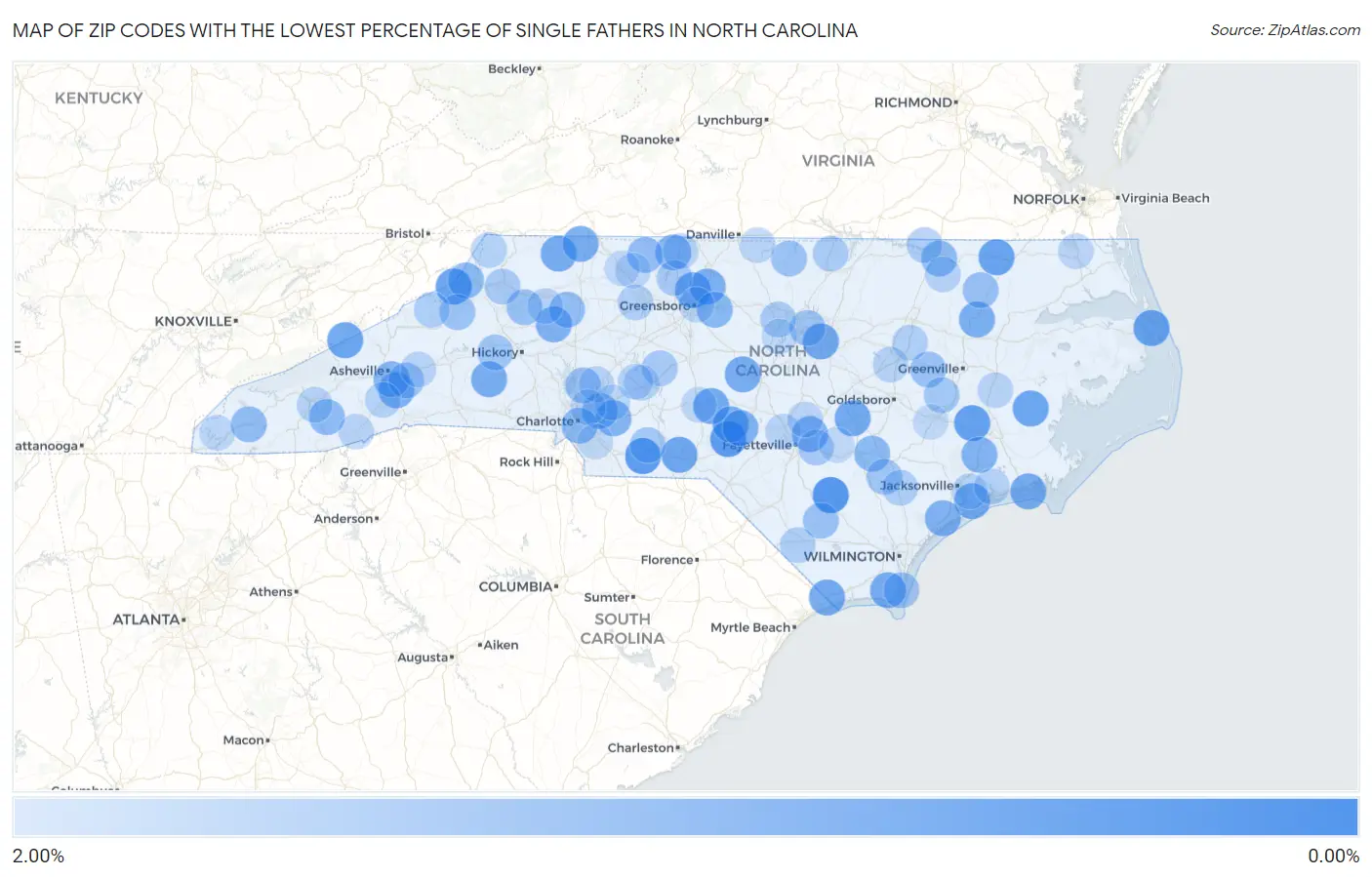 Zip Codes with the Lowest Percentage of Single Fathers in North Carolina Map