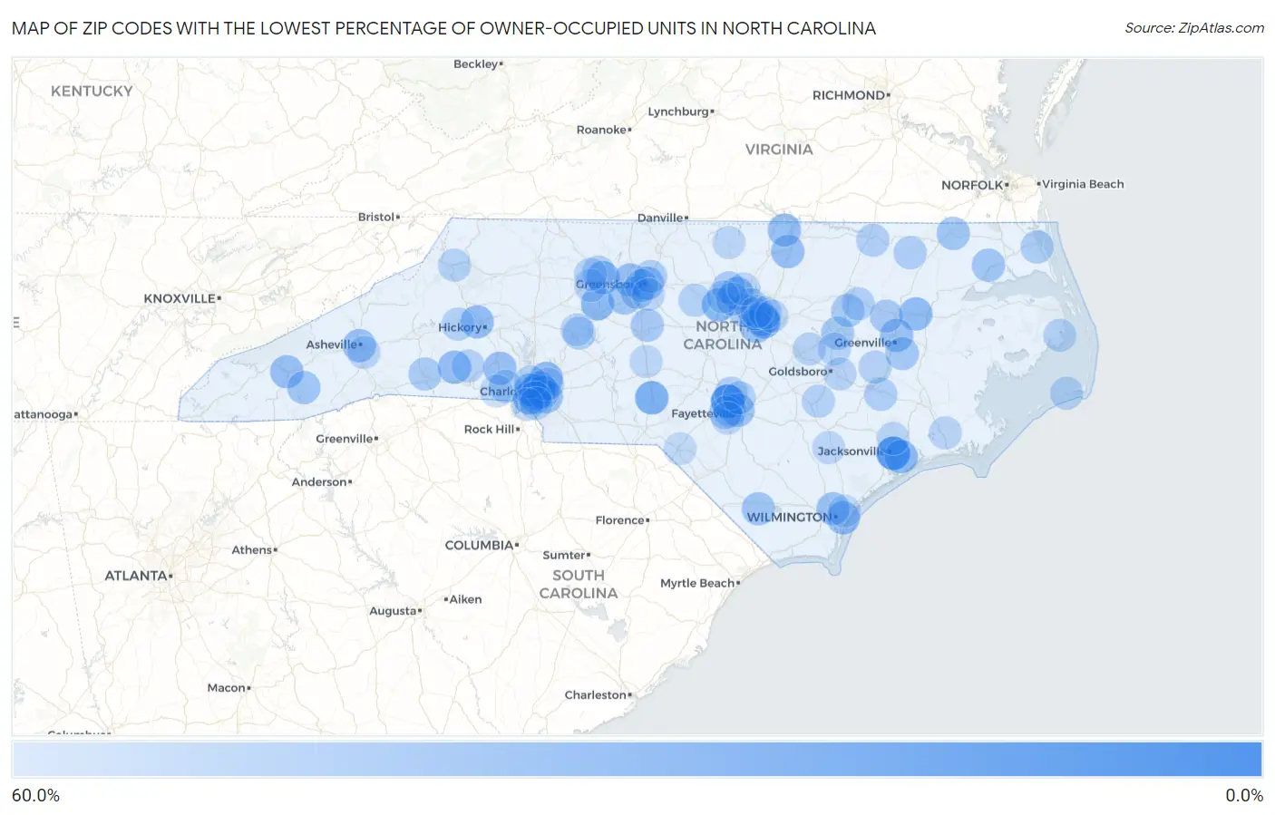 Zip Codes with the Lowest Percentage of Owner-Occupied Units in North Carolina Map