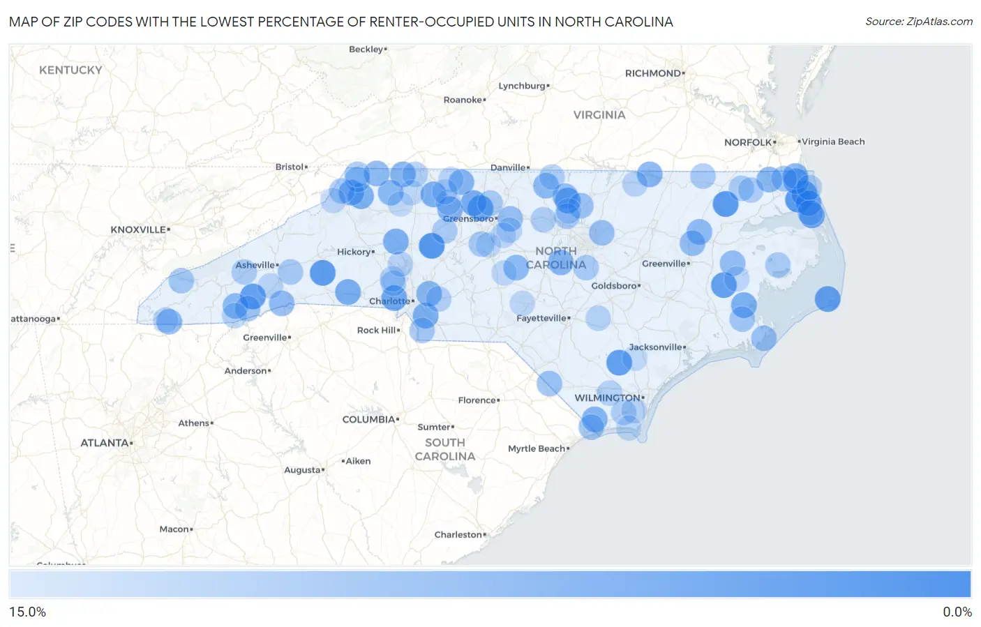 Zip Codes with the Lowest Percentage of Renter-Occupied Units in North Carolina Map
