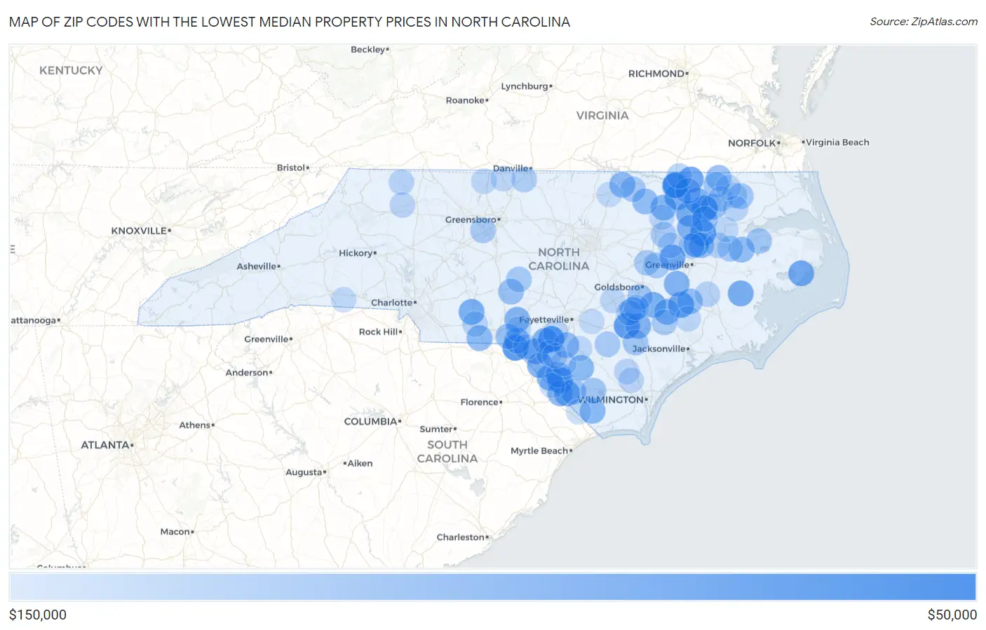 Zip Codes with the Lowest Median Property Prices in North Carolina Map