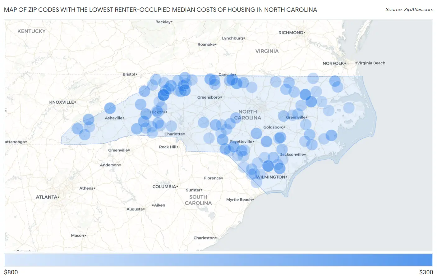 Zip Codes with the Lowest Renter-Occupied Median Costs of Housing in North Carolina Map