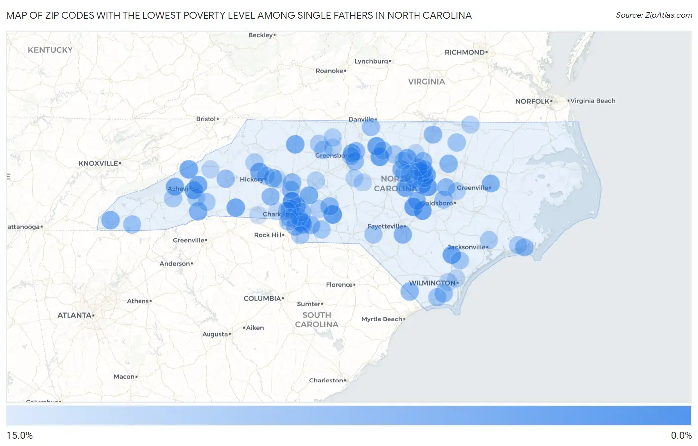 Zip Codes with the Lowest Poverty Level Among Single Fathers in North Carolina Map