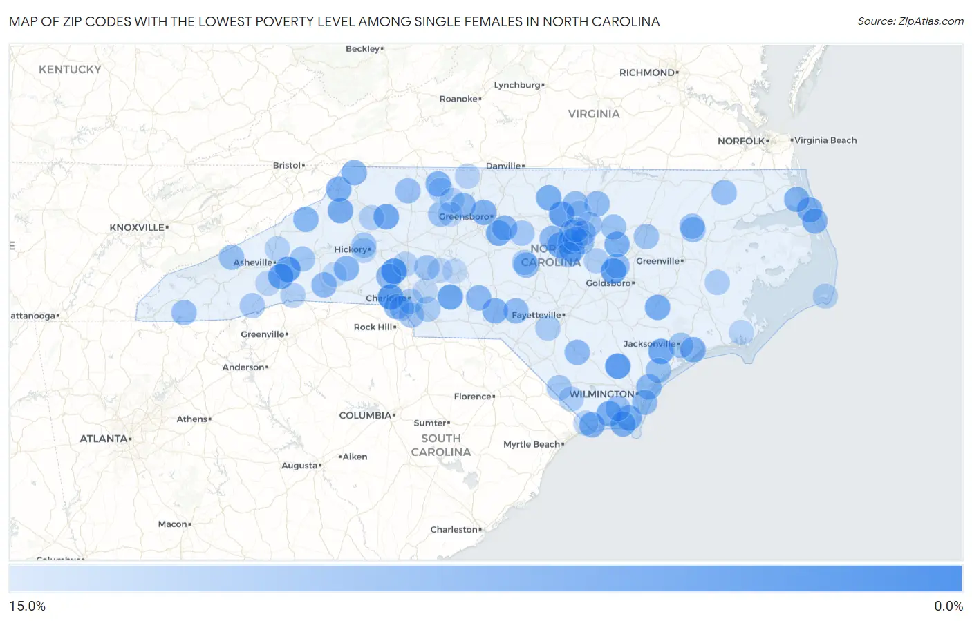Zip Codes with the Lowest Poverty Level Among Single Females in North Carolina Map