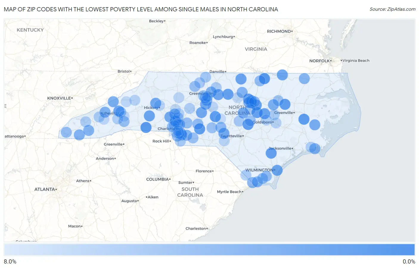 Zip Codes with the Lowest Poverty Level Among Single Males in North Carolina Map