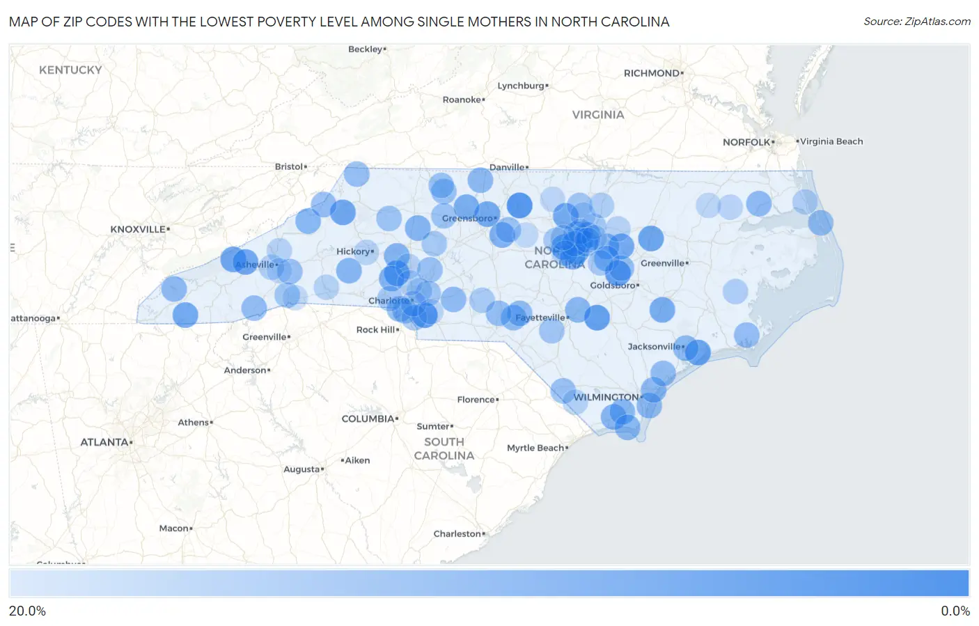 Zip Codes with the Lowest Poverty Level Among Single Mothers in North Carolina Map