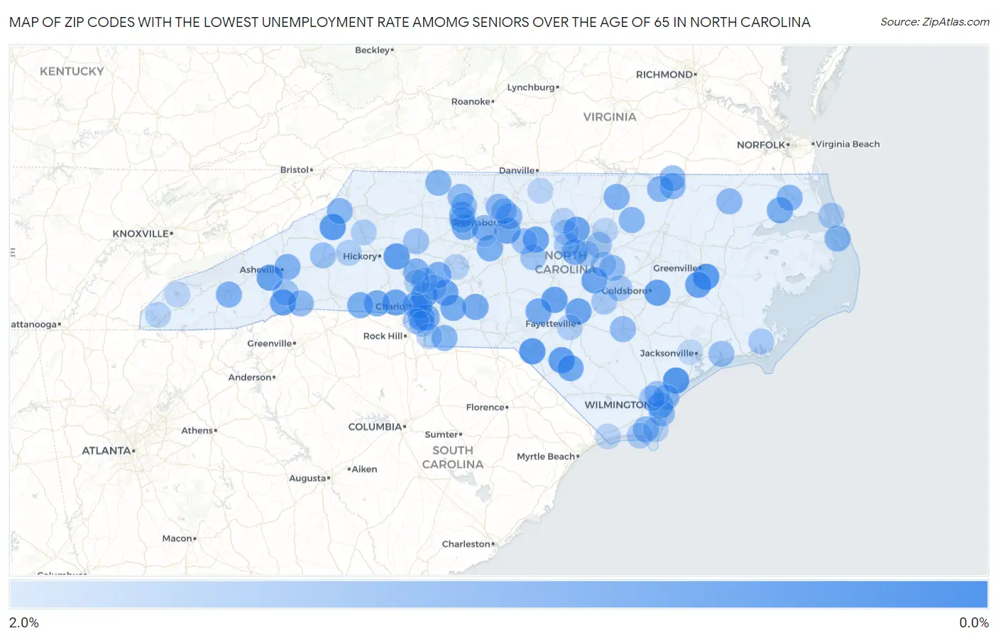 Zip Codes with the Lowest Unemployment Rate Amomg Seniors Over the Age of 65 in North Carolina Map