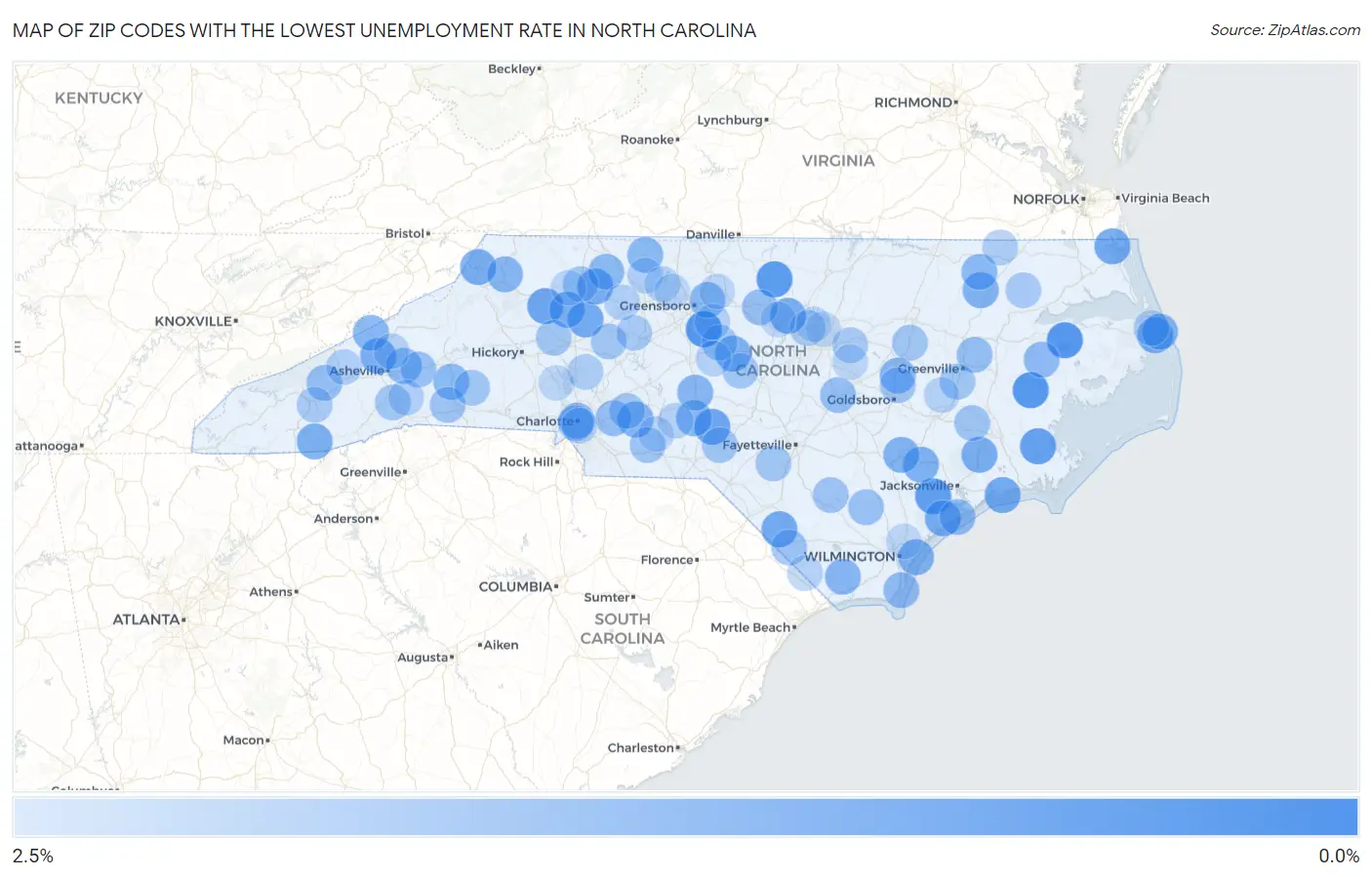 Zip Codes with the Lowest Unemployment Rate in North Carolina Map