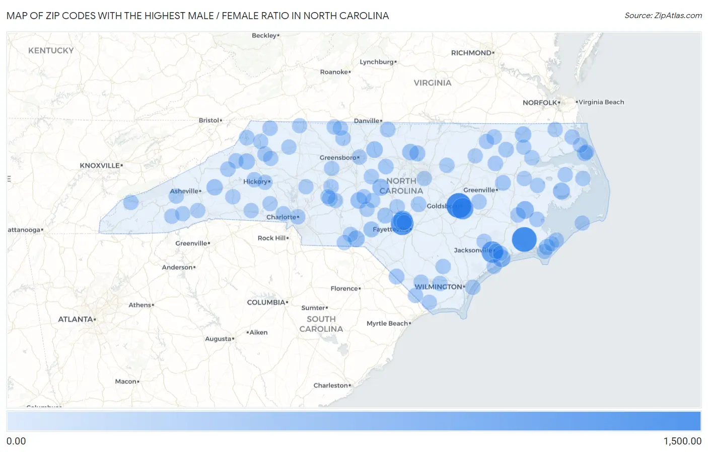 Zip Codes with the Highest Male / Female Ratio in North Carolina Map