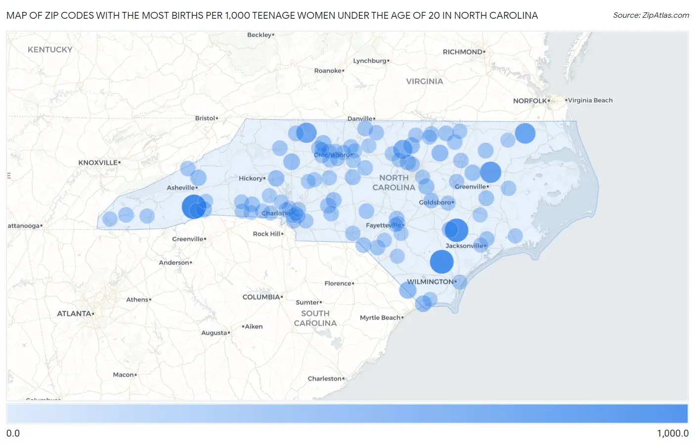 Zip Codes with the Most Births per 1,000 Teenage Women Under the Age of 20 in North Carolina Map