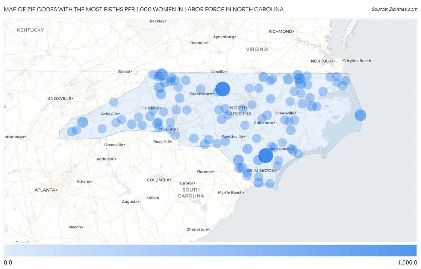 Zip Codes with the Most Births per 1,000 Women in Labor Force in North Carolina Map
