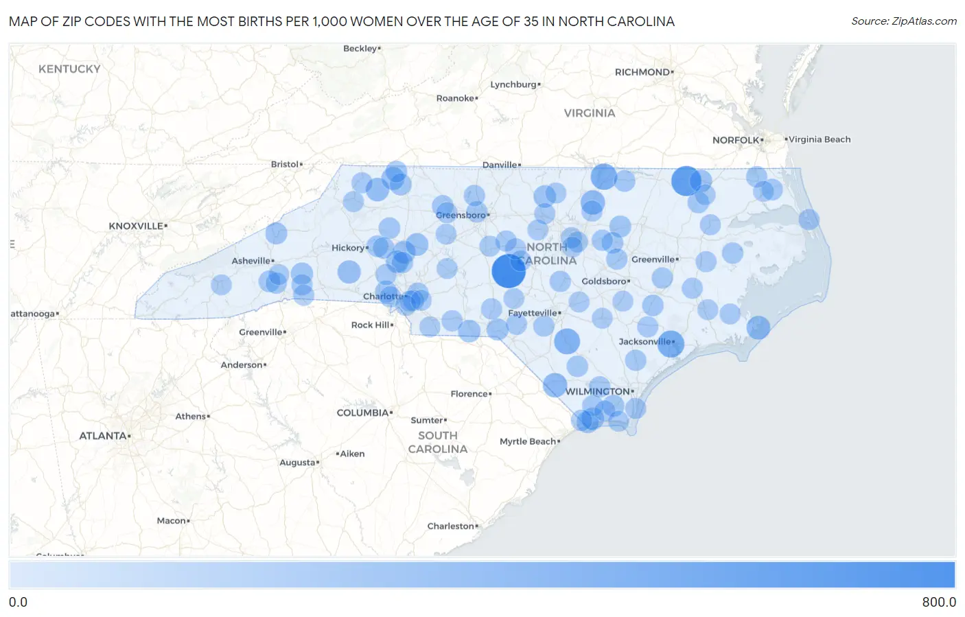 Zip Codes with the Most Births per 1,000 Women Over the Age of 35 in North Carolina Map