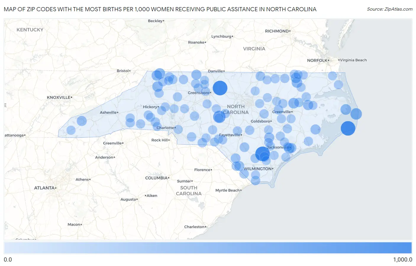 Zip Codes with the Most Births per 1,000 Women Receiving Public Assitance in North Carolina Map
