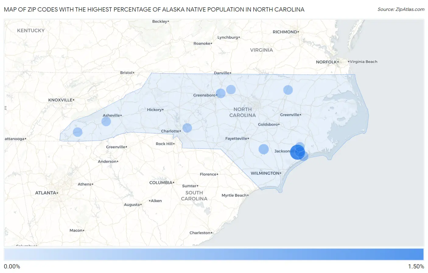 Zip Codes with the Highest Percentage of Alaska Native Population in North Carolina Map