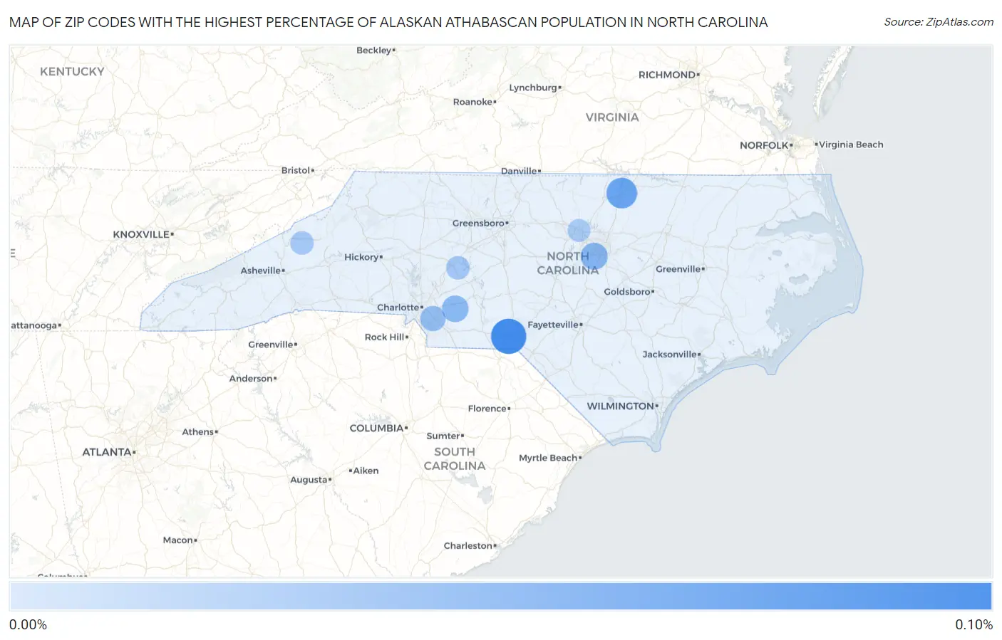 Zip Codes with the Highest Percentage of Alaskan Athabascan Population in North Carolina Map