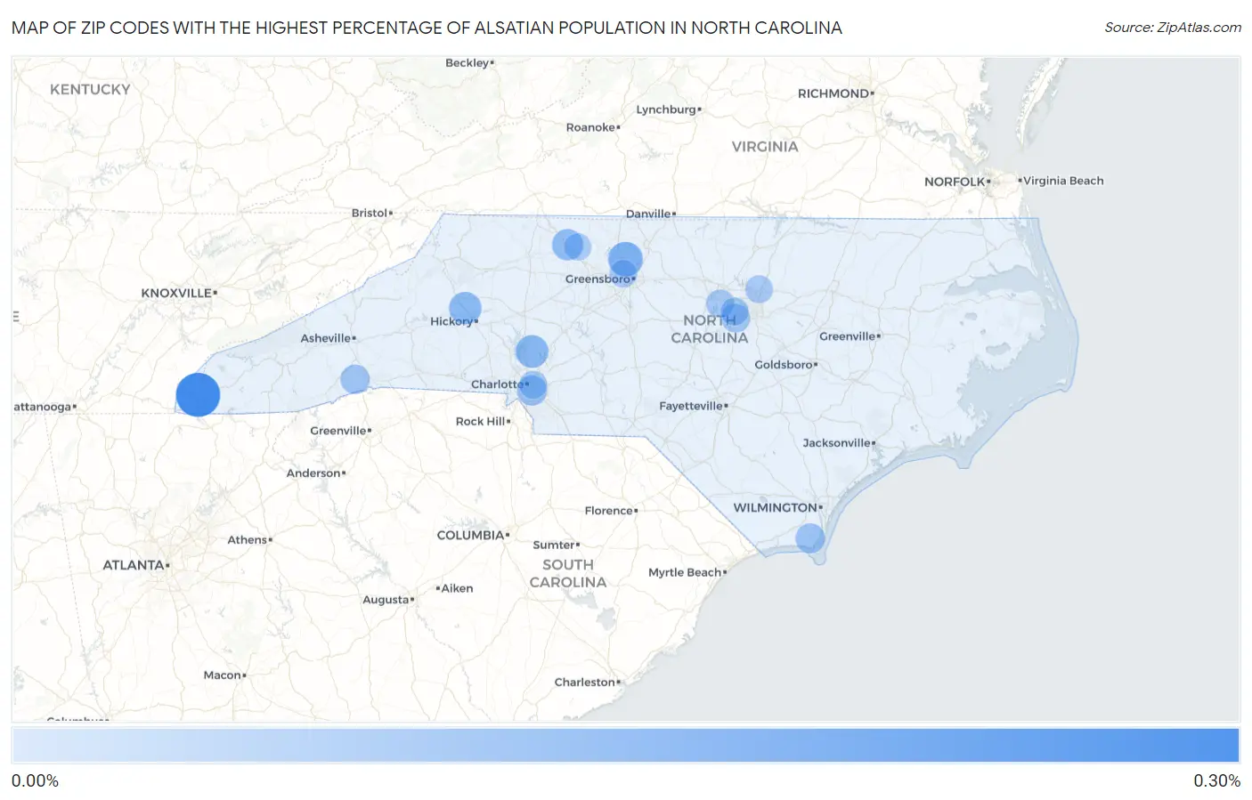 Zip Codes with the Highest Percentage of Alsatian Population in North Carolina Map