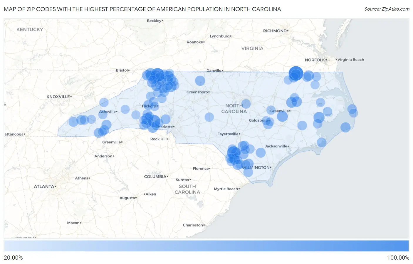 Zip Codes with the Highest Percentage of American Population in North Carolina Map