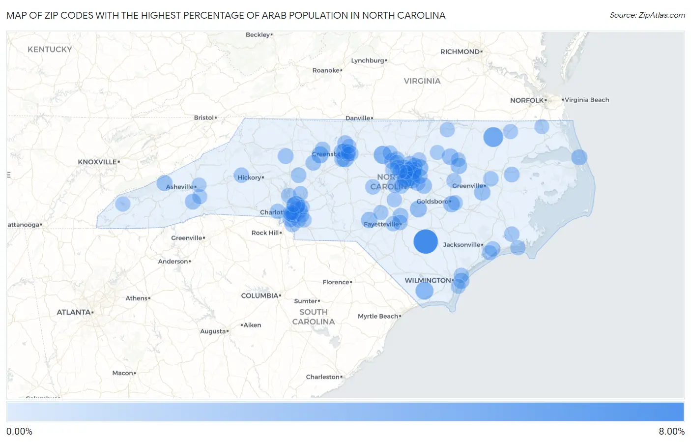 Zip Codes with the Highest Percentage of Arab Population in North Carolina Map