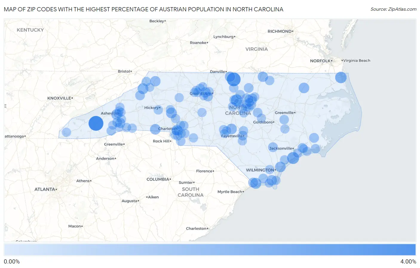 Zip Codes with the Highest Percentage of Austrian Population in North Carolina Map