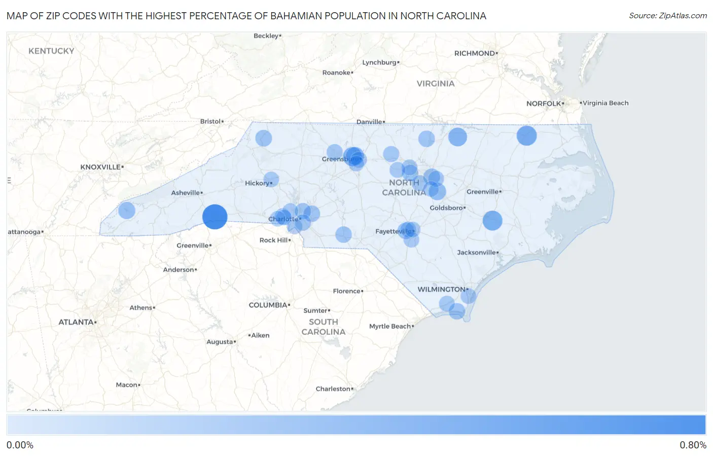 Zip Codes with the Highest Percentage of Bahamian Population in North Carolina Map