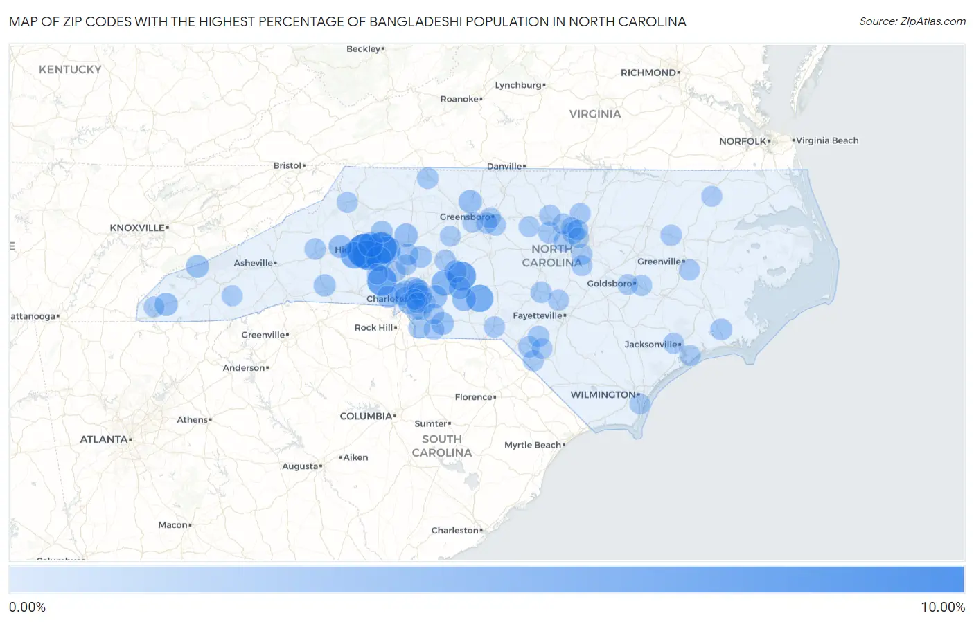 Zip Codes with the Highest Percentage of Bangladeshi Population in North Carolina Map