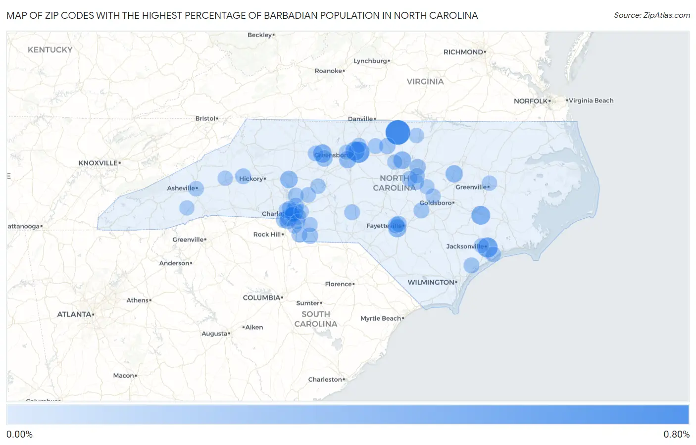 Zip Codes with the Highest Percentage of Barbadian Population in North Carolina Map