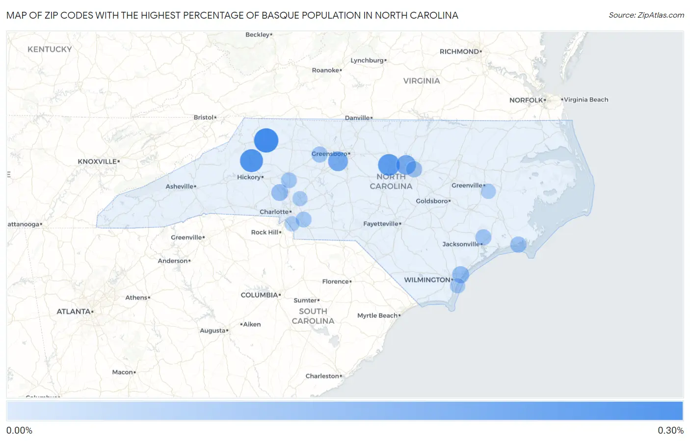 Zip Codes with the Highest Percentage of Basque Population in North Carolina Map