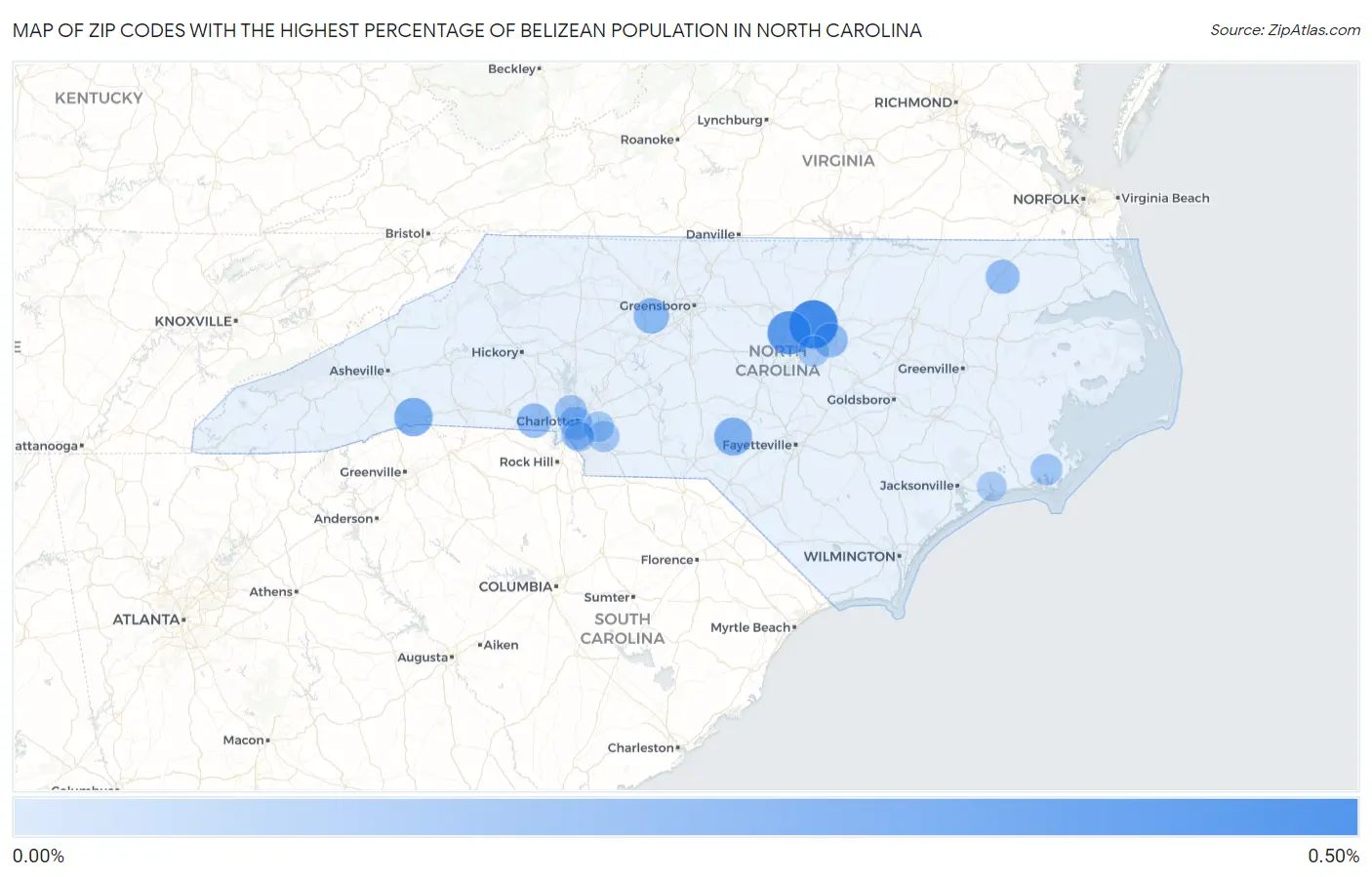 Zip Codes with the Highest Percentage of Belizean Population in North Carolina Map