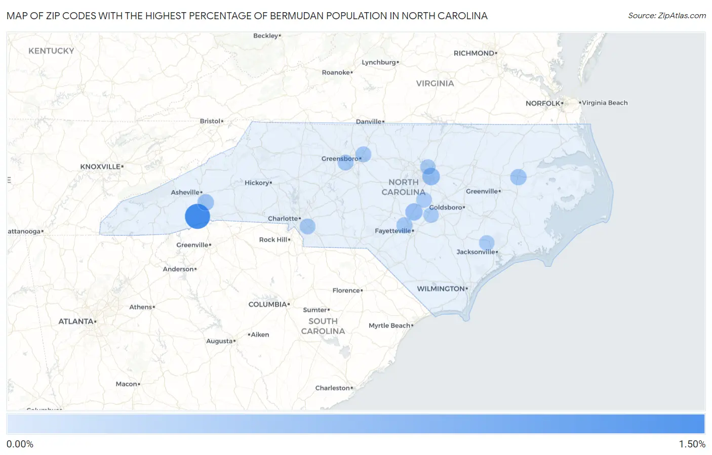 Zip Codes with the Highest Percentage of Bermudan Population in North Carolina Map