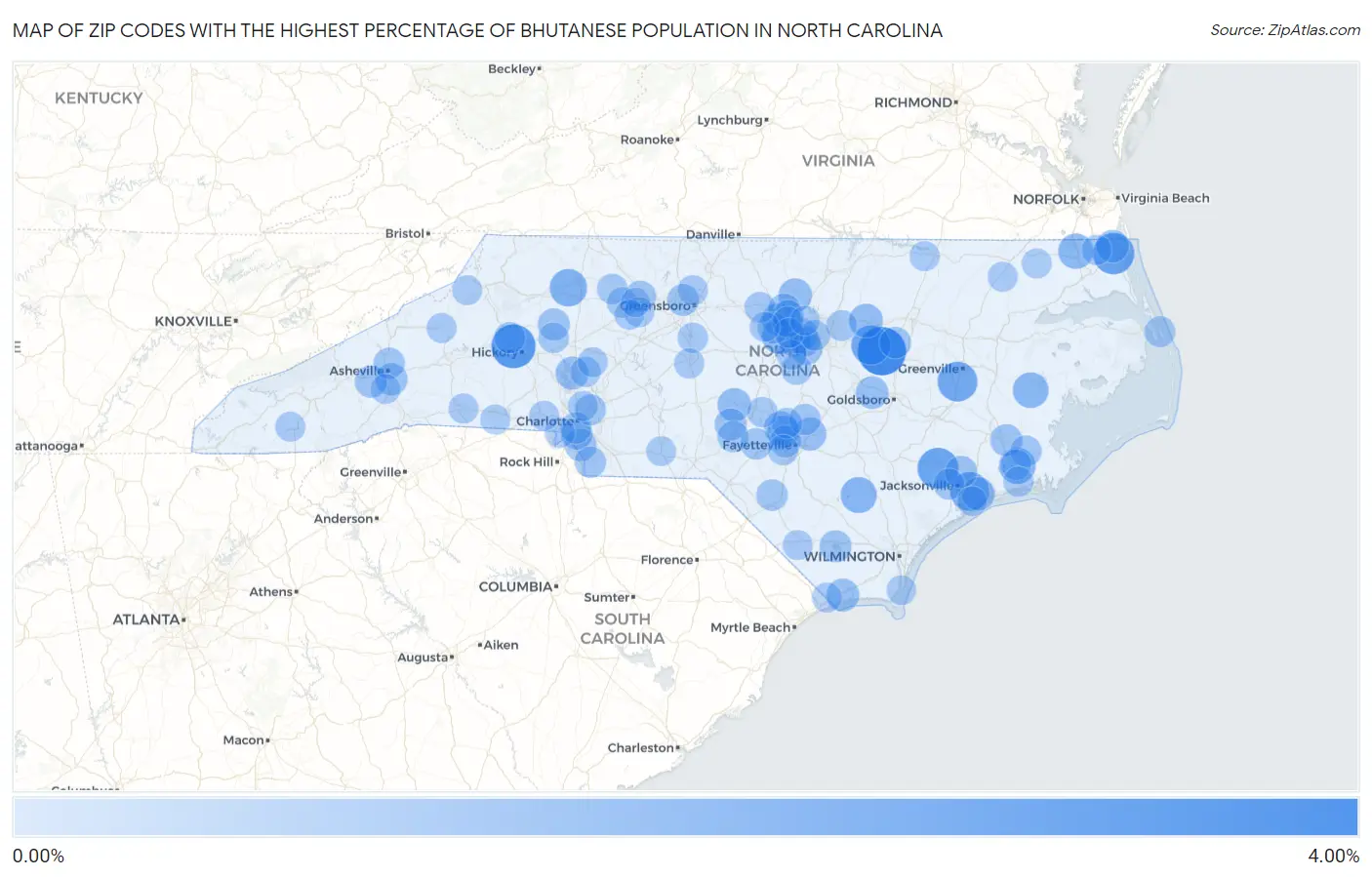 Zip Codes with the Highest Percentage of Bhutanese Population in North Carolina Map