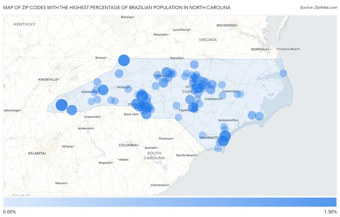 Zip Codes with the Highest Percentage of Brazilian Population in North Carolina Map