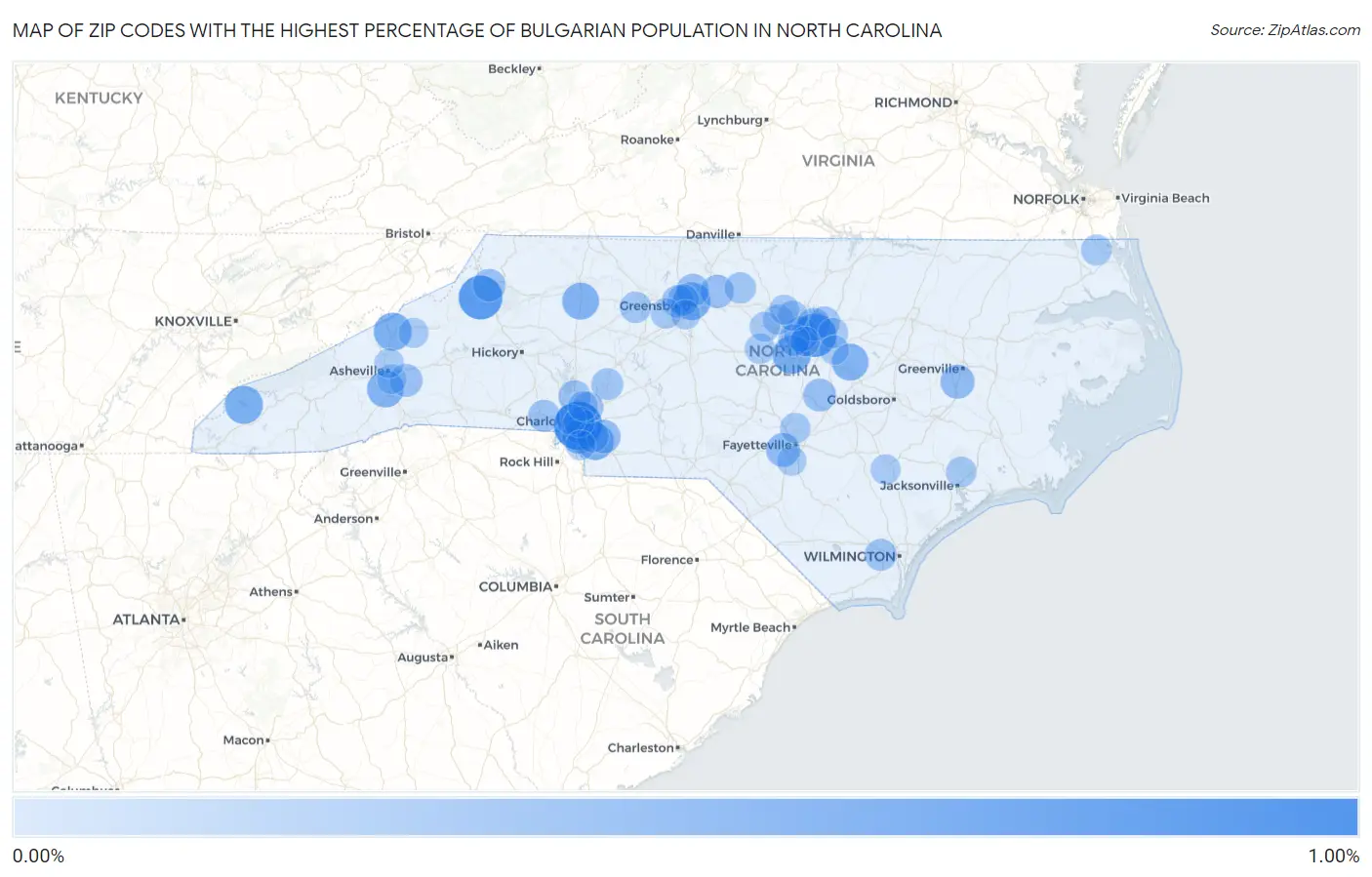Zip Codes with the Highest Percentage of Bulgarian Population in North Carolina Map