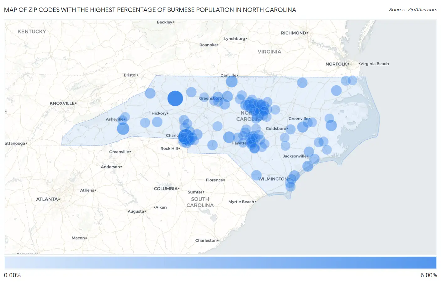 Zip Codes with the Highest Percentage of Burmese Population in North Carolina Map