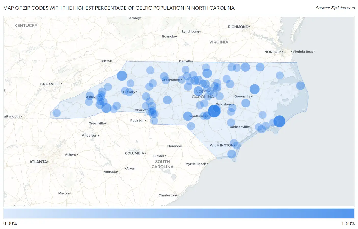 Zip Codes with the Highest Percentage of Celtic Population in North Carolina Map