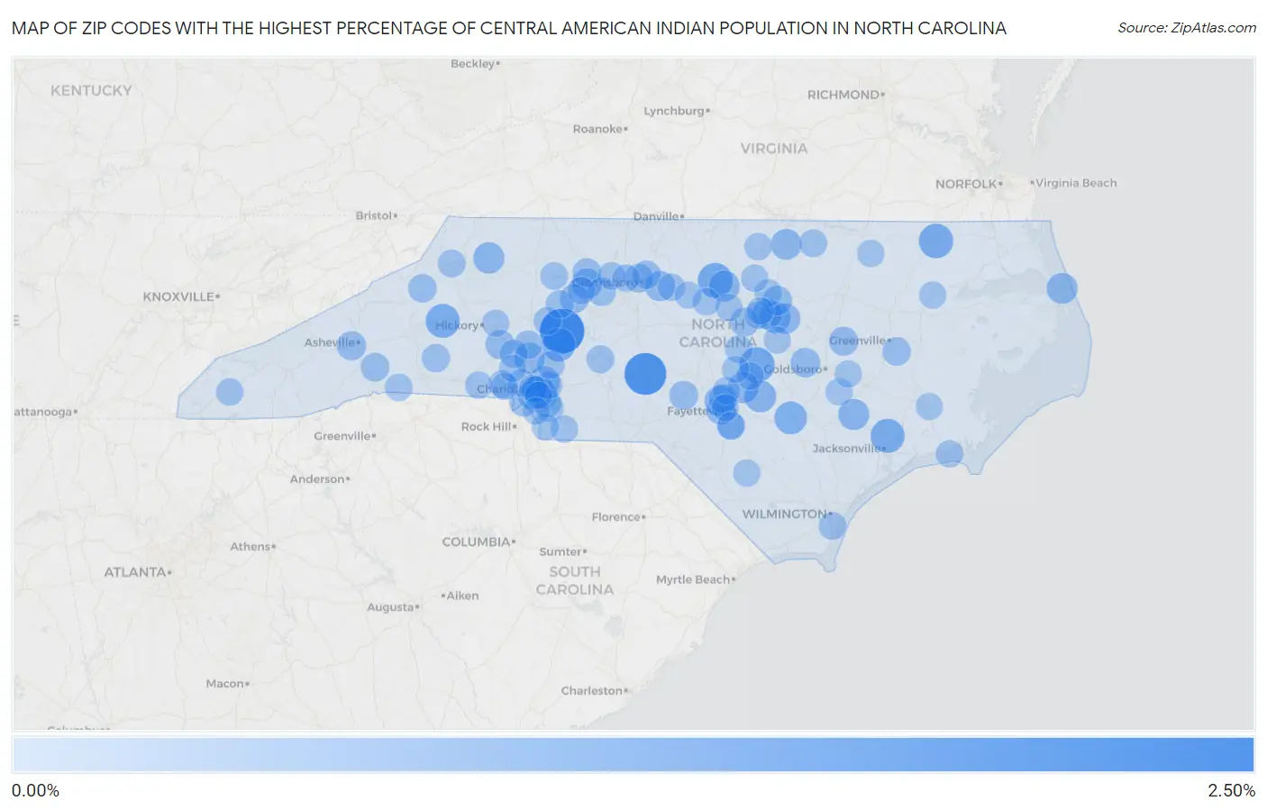 Zip Codes with the Highest Percentage of Central American Indian Population in North Carolina Map