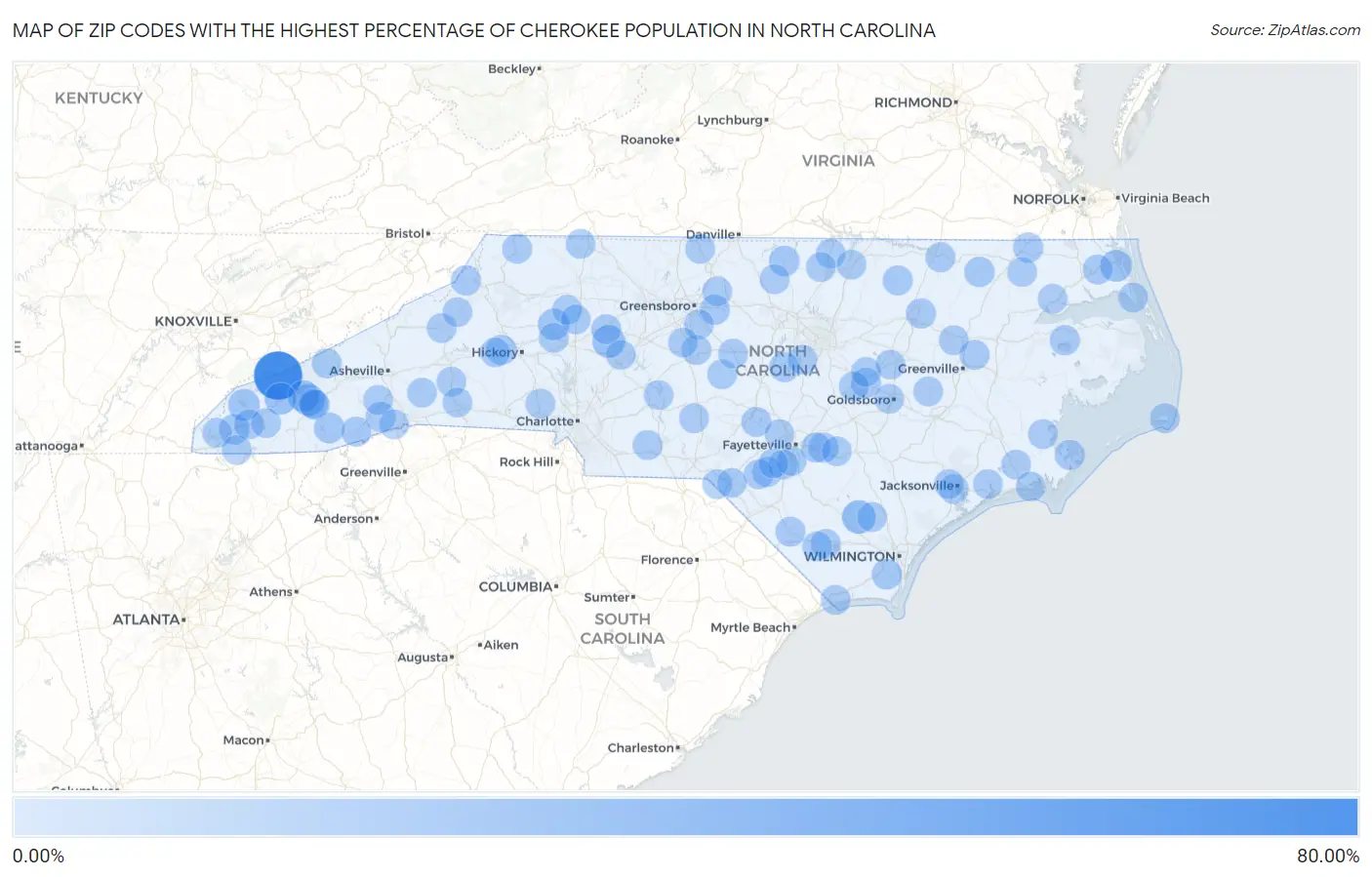 Zip Codes with the Highest Percentage of Cherokee Population in North Carolina Map
