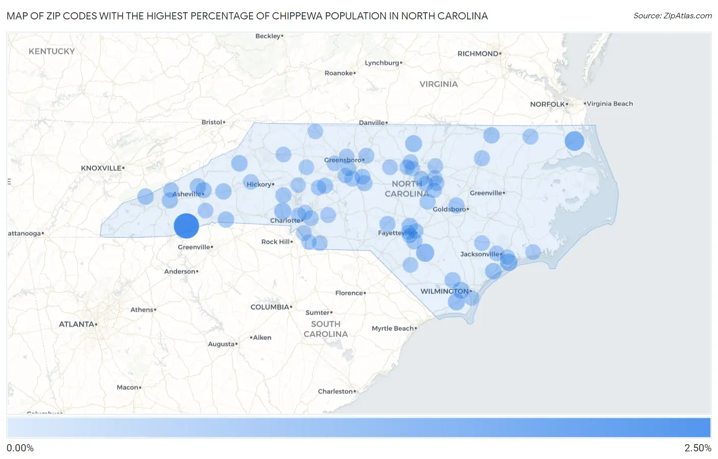 Zip Codes with the Highest Percentage of Chippewa Population in North Carolina Map