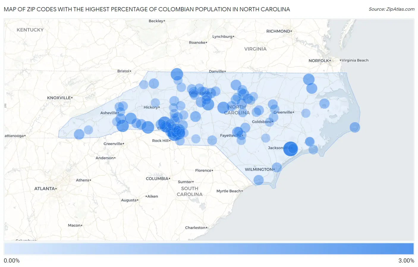 Zip Codes with the Highest Percentage of Colombian Population in North Carolina Map