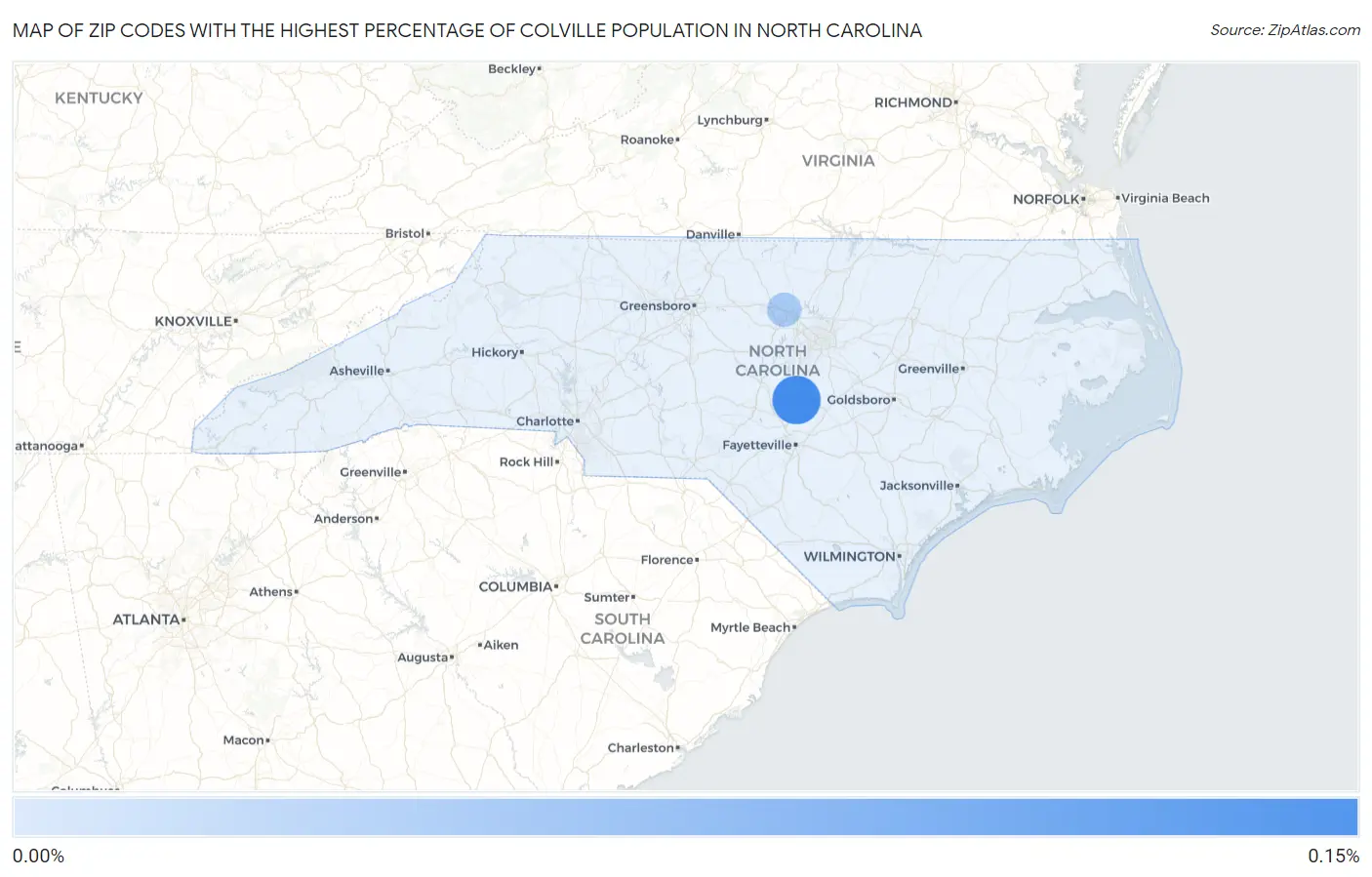 Zip Codes with the Highest Percentage of Colville Population in North Carolina Map