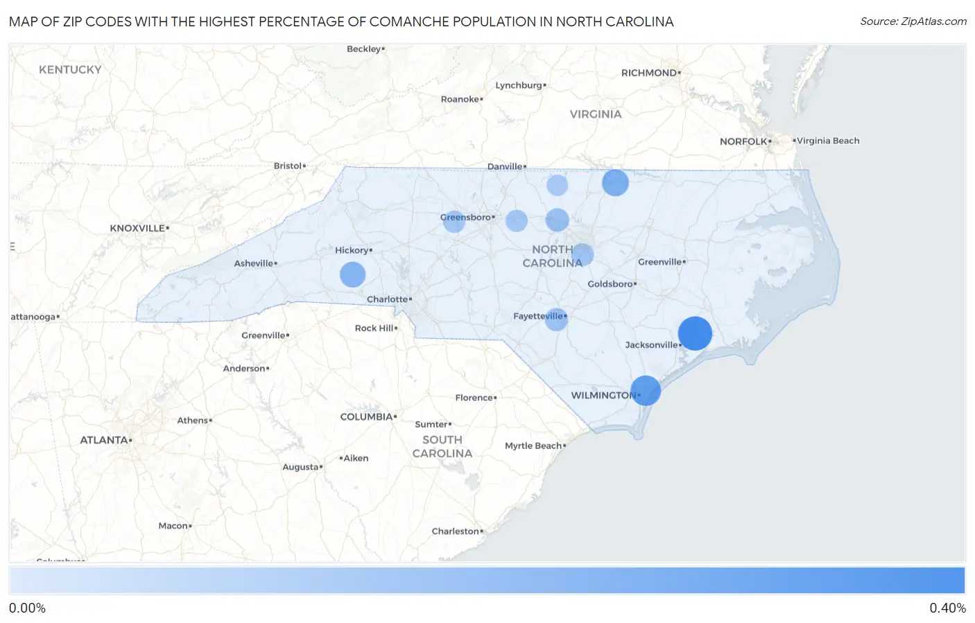 Zip Codes with the Highest Percentage of Comanche Population in North Carolina Map