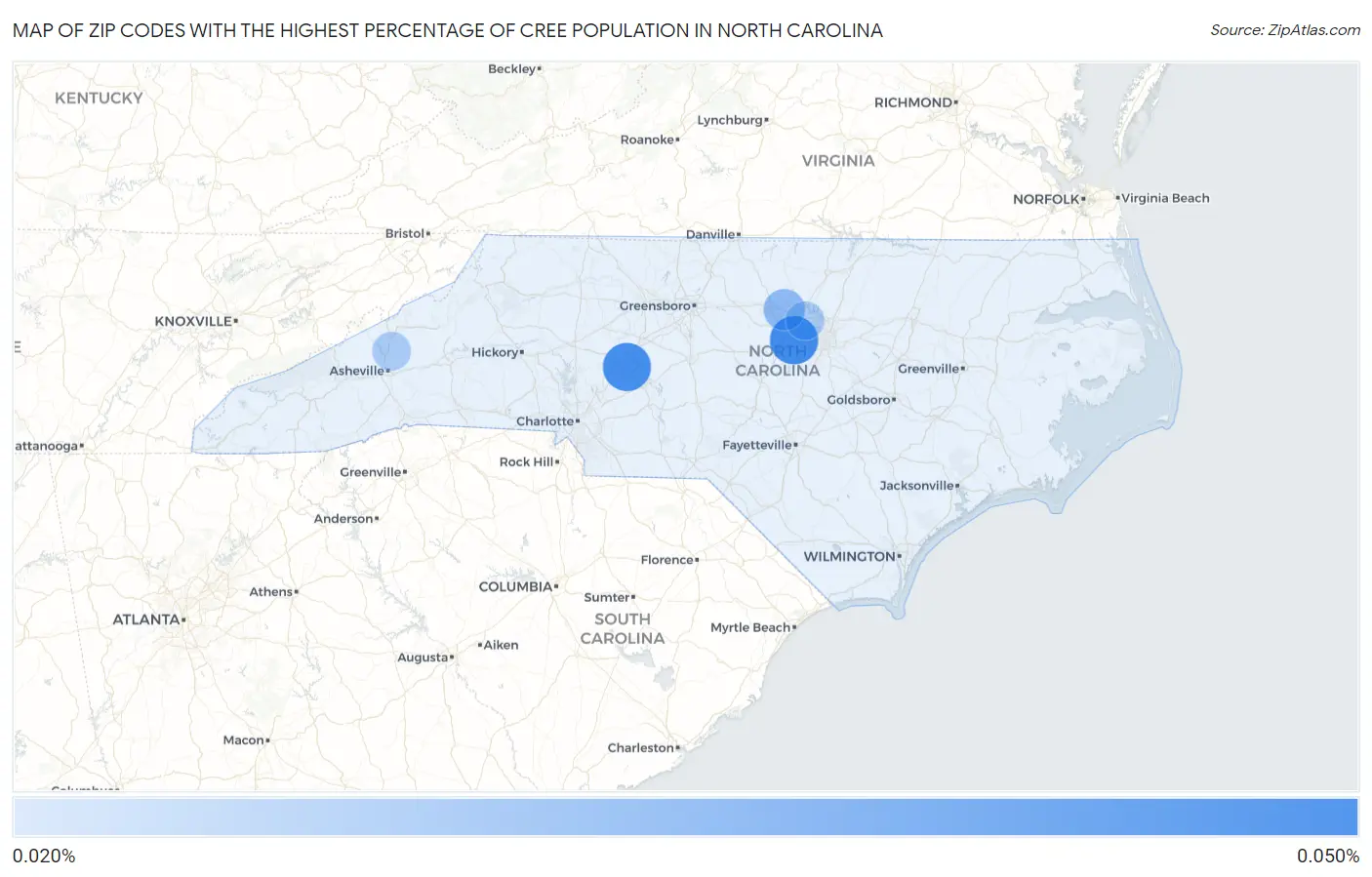 Zip Codes with the Highest Percentage of Cree Population in North Carolina Map