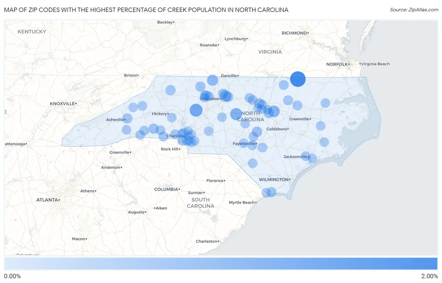Zip Codes with the Highest Percentage of Creek Population in North Carolina Map