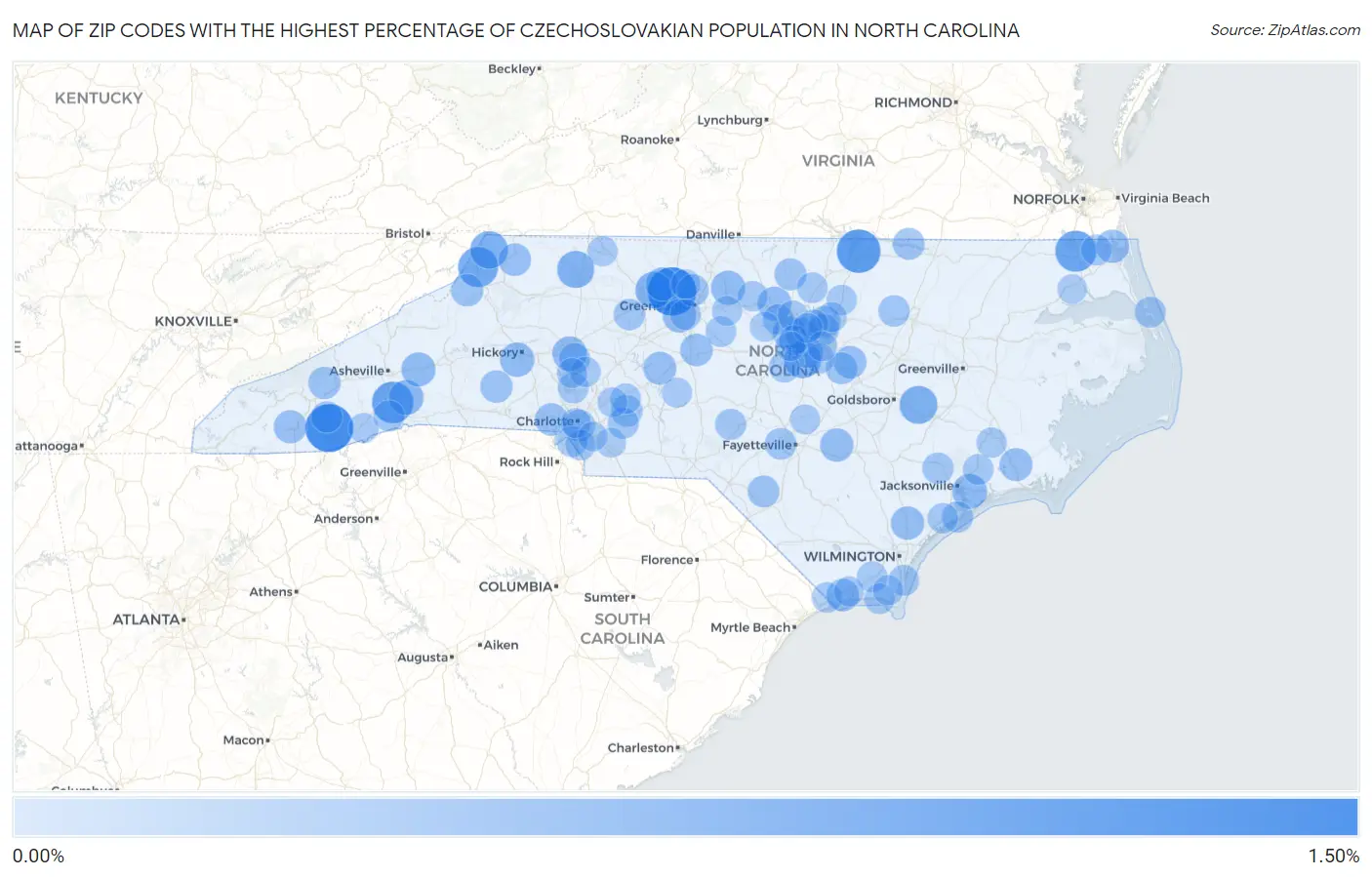 Zip Codes with the Highest Percentage of Czechoslovakian Population in North Carolina Map