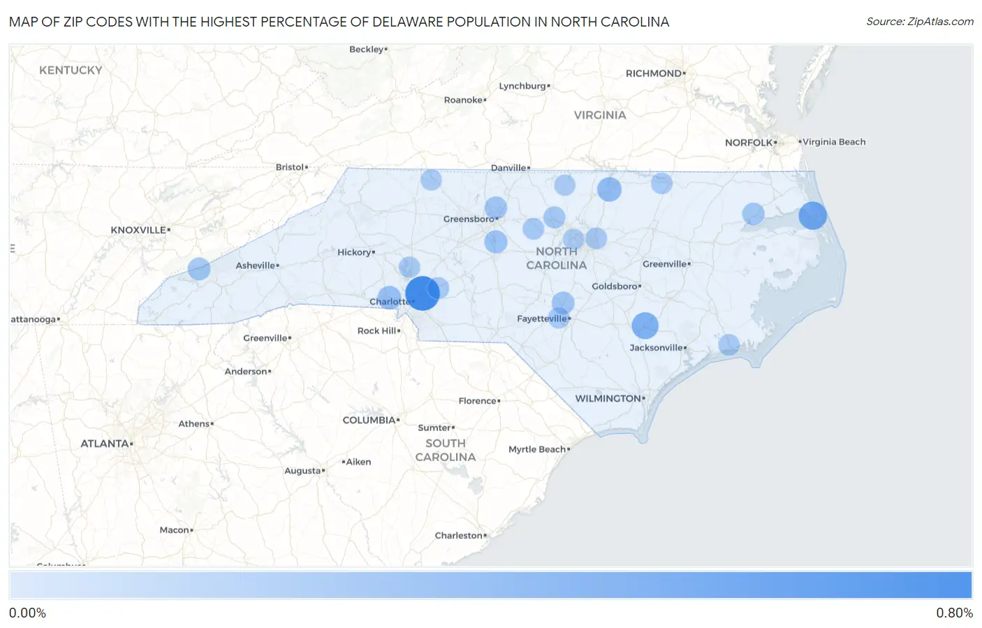 Zip Codes with the Highest Percentage of Delaware Population in North Carolina Map