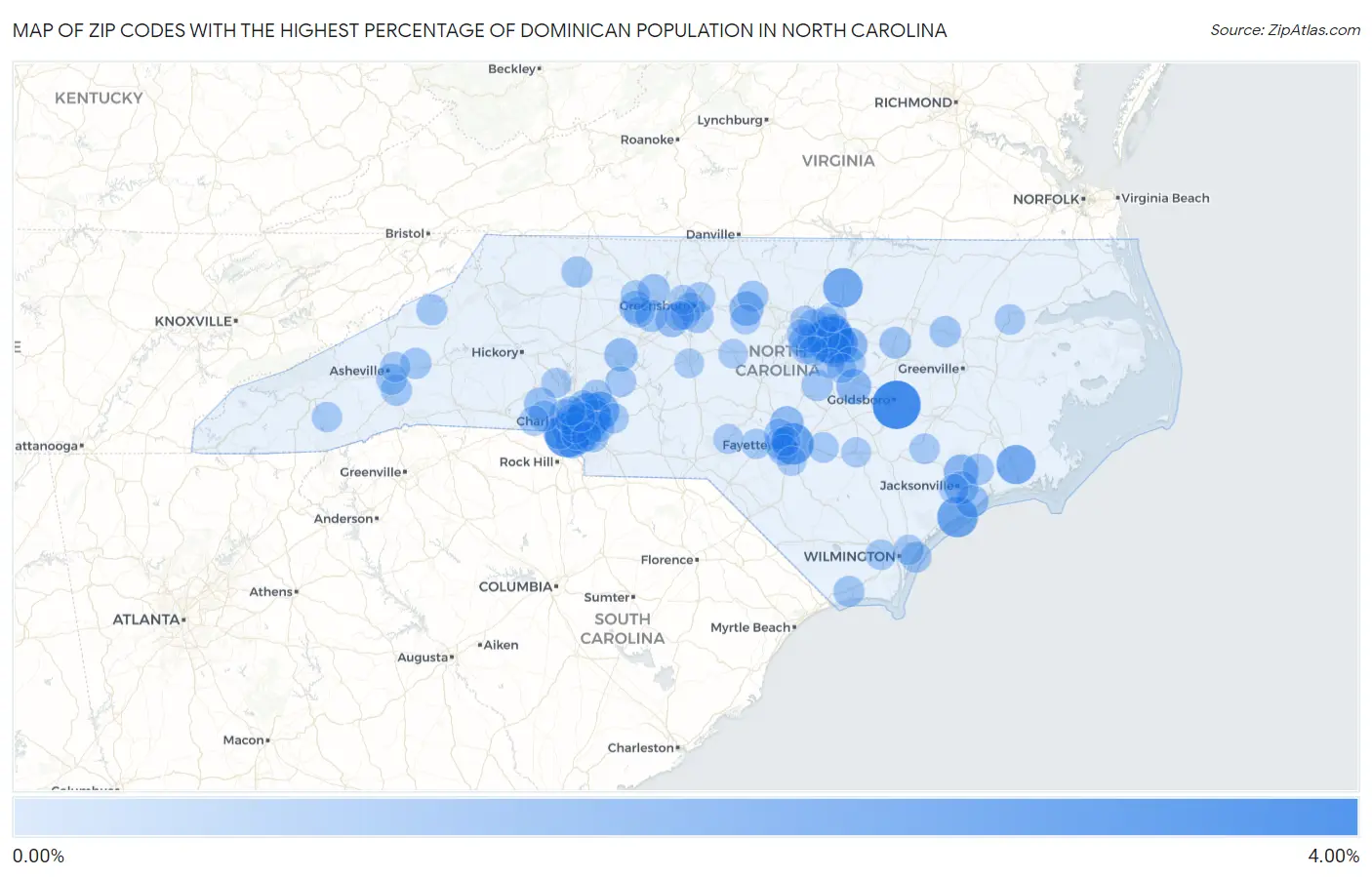 Zip Codes with the Highest Percentage of Dominican Population in North Carolina Map