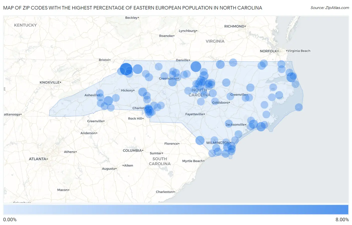 Zip Codes with the Highest Percentage of Eastern European Population in North Carolina Map